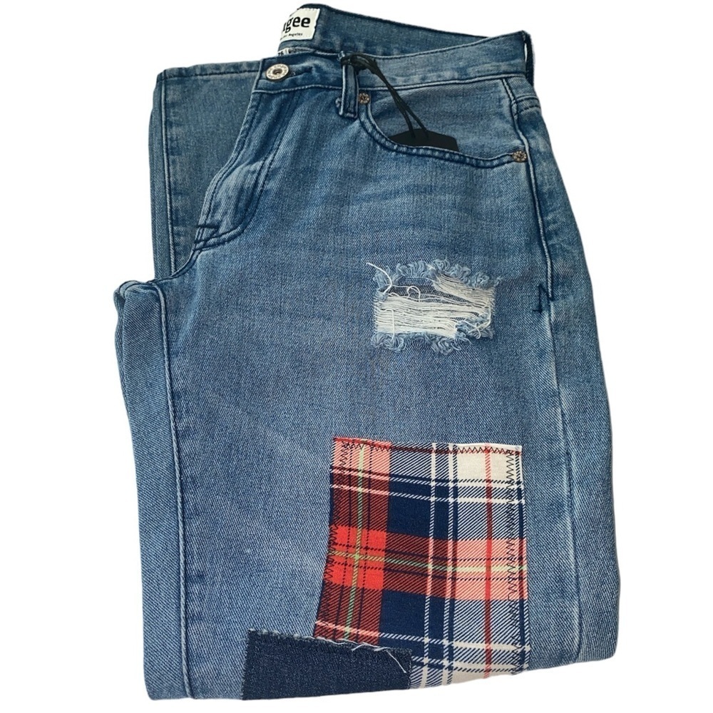Umgee Jeans Company jeans boyfriend fit distressed plaid patches Sz 26 NWT
